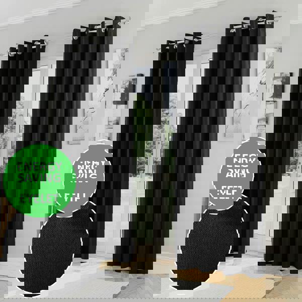 Enhanced Living Black Plain Supersoft Thermal Room Darkening Eyelet Curtain - Pair for Living Room & Bedrooms