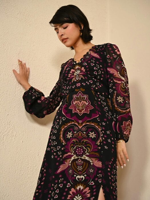 Rose & Nancy Annaline Black Pirnt Midi Dress