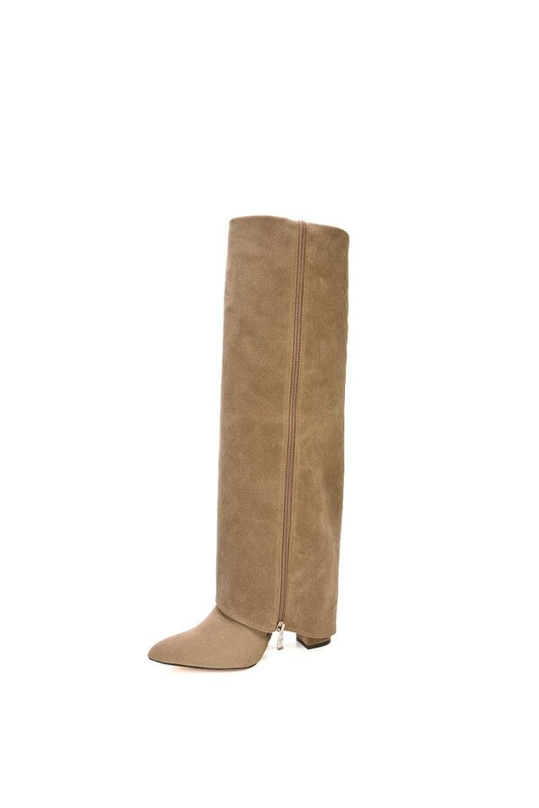 XY LONDON Knee High Boots Fold Over Point Toe Deco Zip
