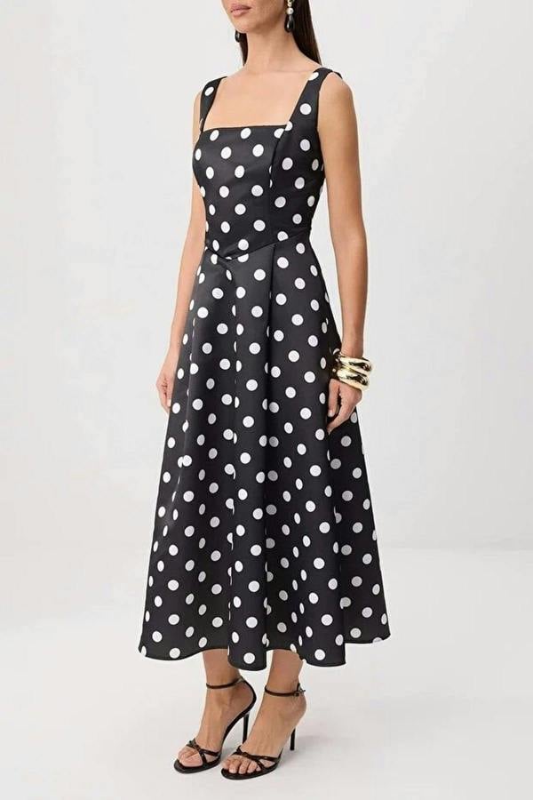 Square Neck Thick Strap A-Line Satin Maxi Dress