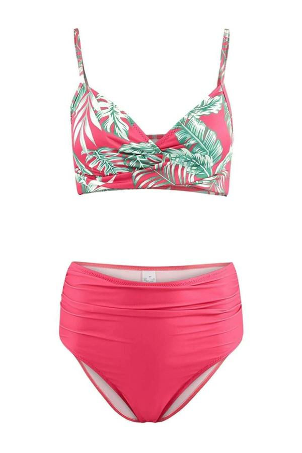WOVCOR Tropical Patterned Draped Triangle Covered Hipster High Waist Bikini Set