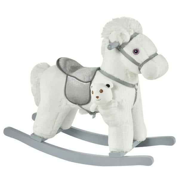 White plush rocking horse toy with gray saddle and attached plush bear
