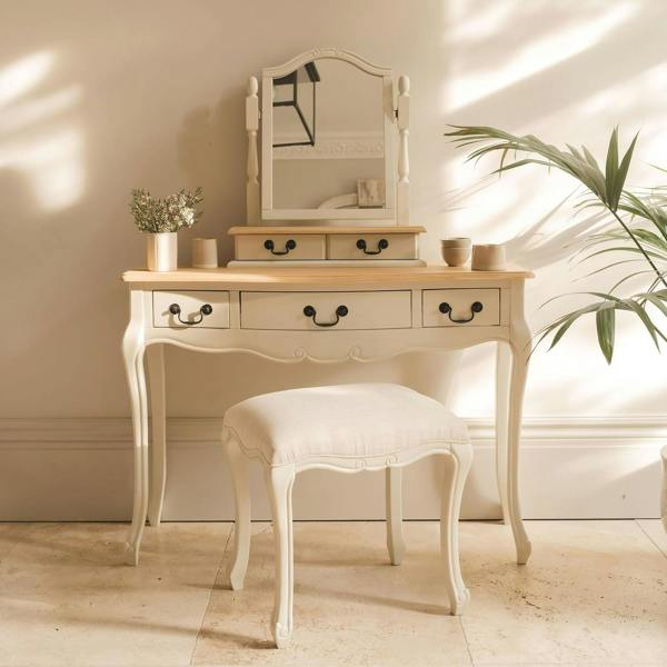 Juliette Dressing Table Set with Trinket Mirror. French Table Mirror with Storage and Stool