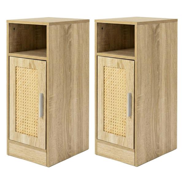 Levede Bedside Table 2 Pc Narrow Side Table Boho Rattan Storage For Bedroom Wood