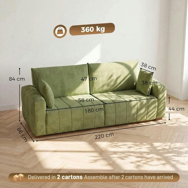 3 Seater Sofa, Upholstered Velvet Couch for Bedroom with Pillows, Padded Cushion and Wood Legs, Green