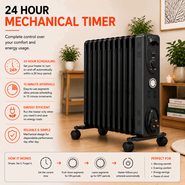 MYLEK Oil Filled Radiator 2500w Portable Heater Thermostat 24 Hour Timer Grey