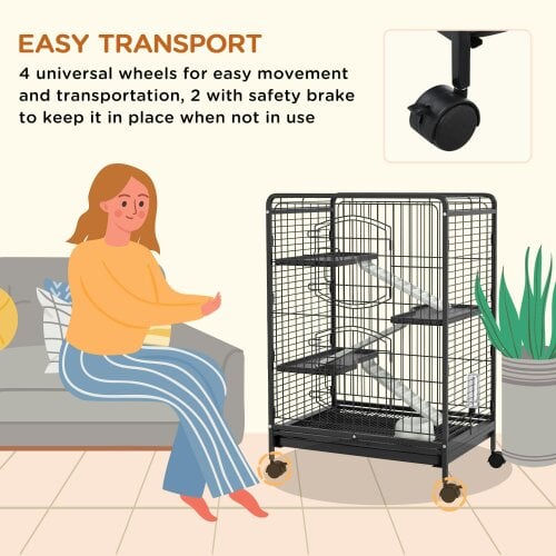 PawHut 4 Levels Small Animal Cage w/ Ramps, Bowl, Water Bottle, Tray, Wheels