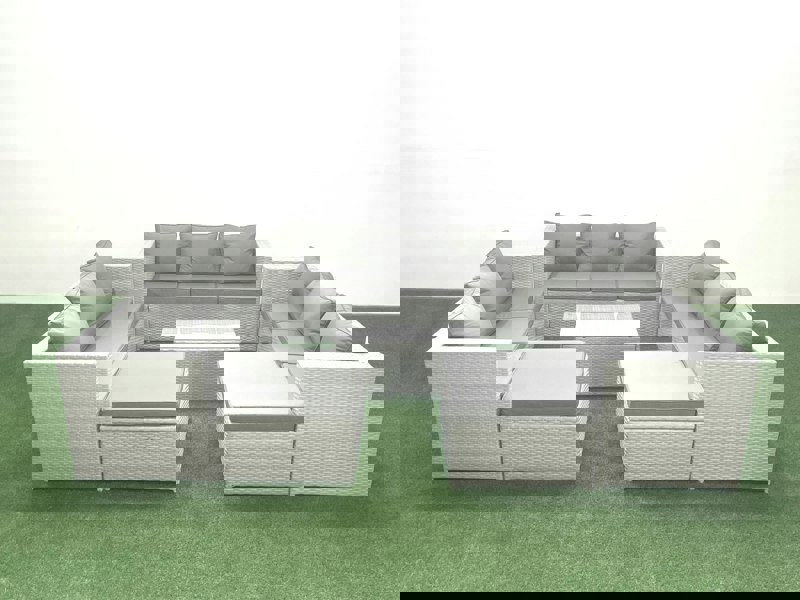 Fimous Rattan Garden Outdoor Furniture Set 11 Seater Garden Sofa Coffee Table Set with 2 Big Footstools Light Grey Mixed