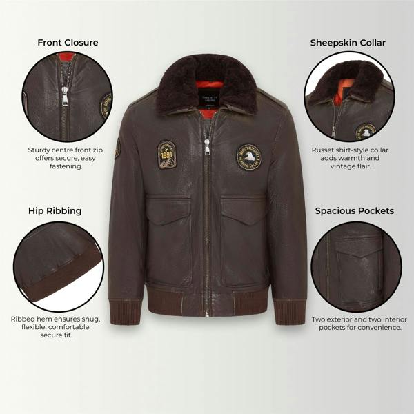 Infinity Leather Men's Leather Bomber Sheepskin Collar G-1 Aviator Jacket - Linear