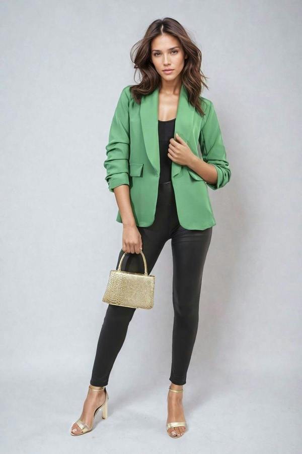 Valerie Ruched Sleeve Open Front Blazer Jacket With Front Pockets - Green