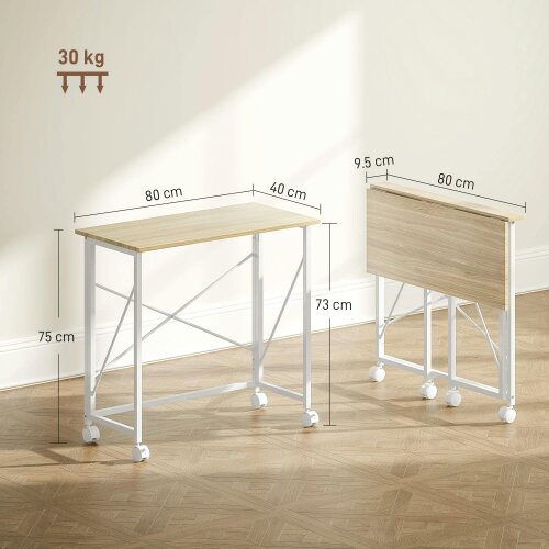 Wyld Haus Yokare 80cm Wooden Natural and White Folding Desk On Wheels