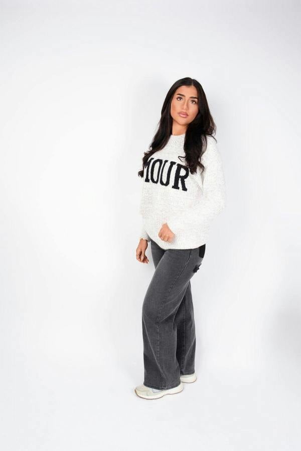 Zenya Fluffy Knit Oversized Jumper With Amour Slogan Detail - Orange