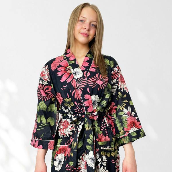 Hayley & Co Black and Pink Flower Print 100% Cotton Dressing Gown