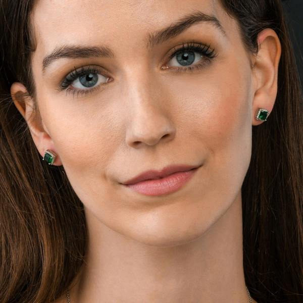 namana 925 Sterling Silver Square Shaped Green Halo Stud Earrings for Women