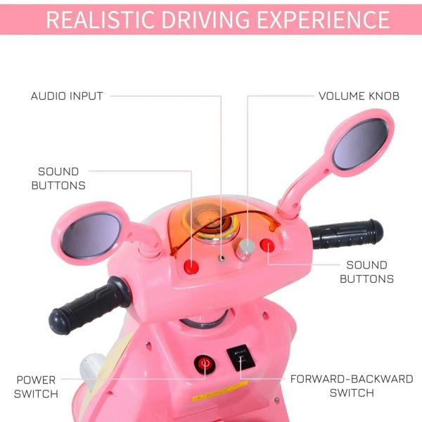 Pink motorcycle control panel with audio input, sound buttons, and forward-backward switch