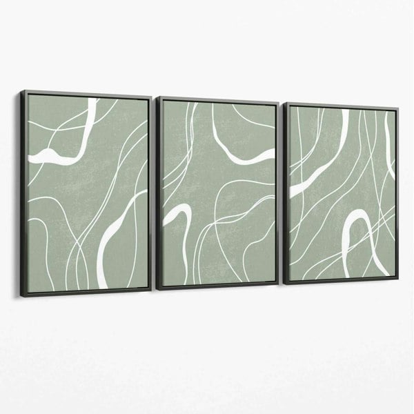 Set of 3 Abstract Green and White Strokes Canvas Art Prints with Grey Float Frame