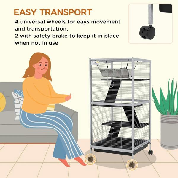 Light grey small animal cage with ramps and hanging hammock, transport wheels