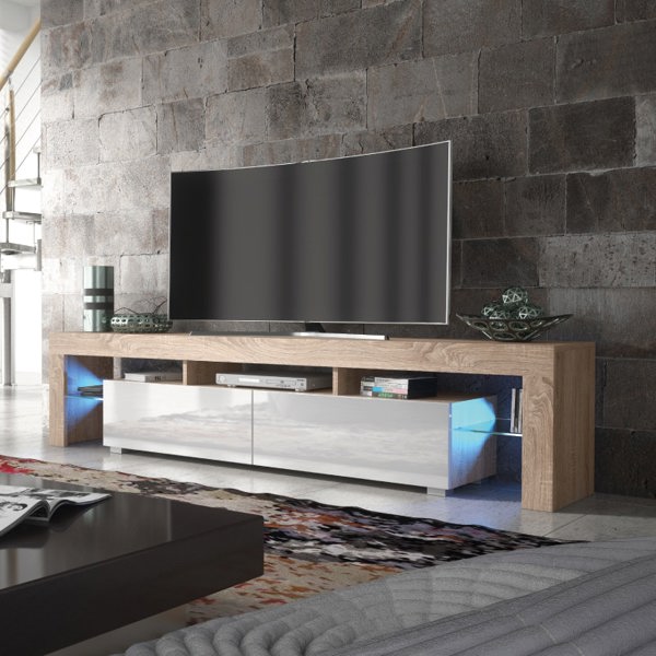 Mex Furniture Sleek 200cm Modern TV Unit  Cabinet Stand Oak High Gloss White Doors & Free LED Lights