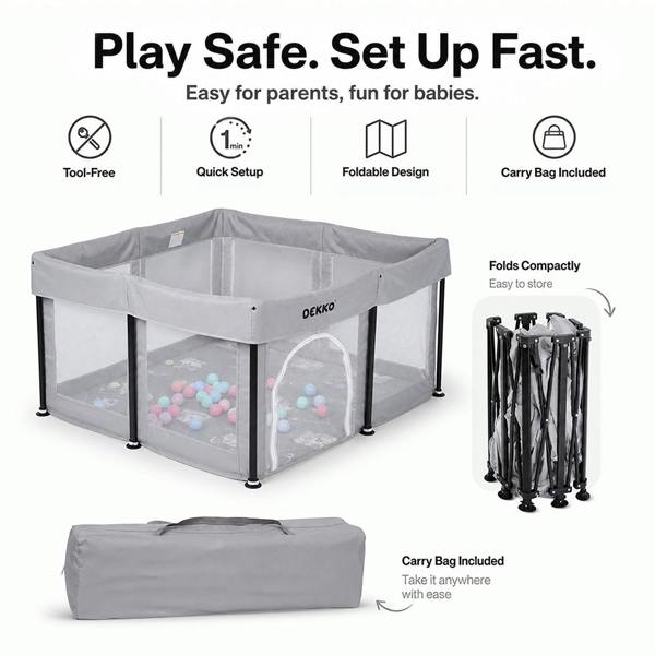 Dekko Baby Playpen Foldable Playpen With Mat 50 Balls Easy Setup Indoor Grey