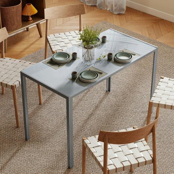 120cm Dining Table, Rectangle 4 Seater Kitchen Table with Tempered Glass Top and Metal Legs, Grey