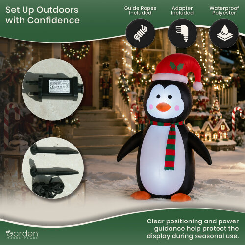 1.2m Inflatable Christmas Penguin with 3 Internal LED Lights, 12V Fan Motor, Guide Ropes and Transformer, Indoor/Outdoor Festive Decoration