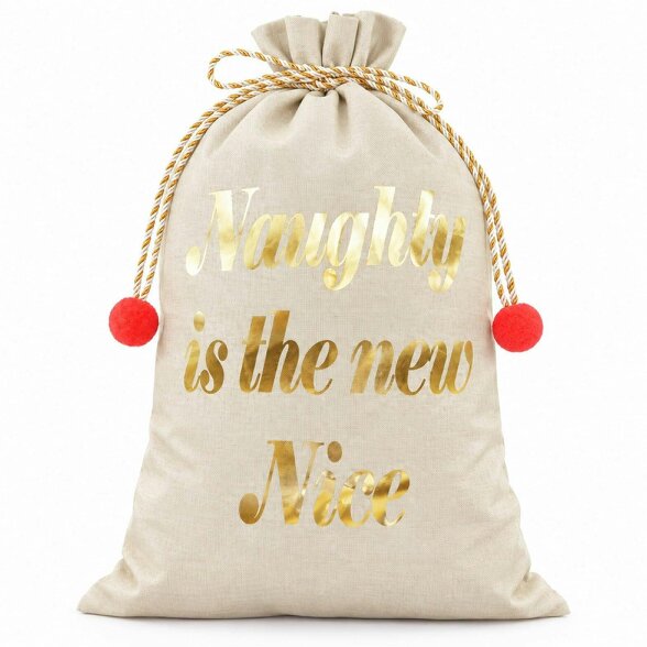 Shatchi Large Hessian Santa Sack with Naughty Is The New Nice Message for Christmas Gift Storage - 1 Pack - Cream - Christmas sack