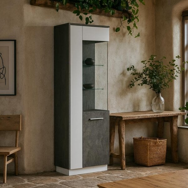 Wyld Haus Nantes Grey and White Tall Glazed Display Cabinet Right Hand with LED Lighting