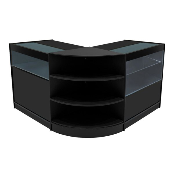 Harmonia LED Shop Counter Set in black features a sleek, modern design with curved edges, glass display tops, and open shelving for storage