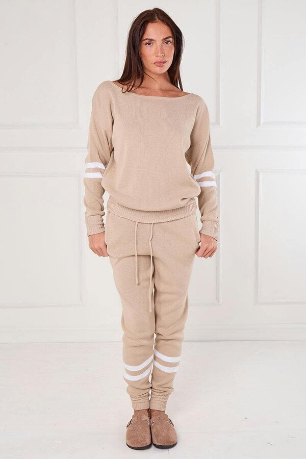 Elaina Fashion Beige Stripe Knitted Co-Ord Set – Loungewear Two Piece