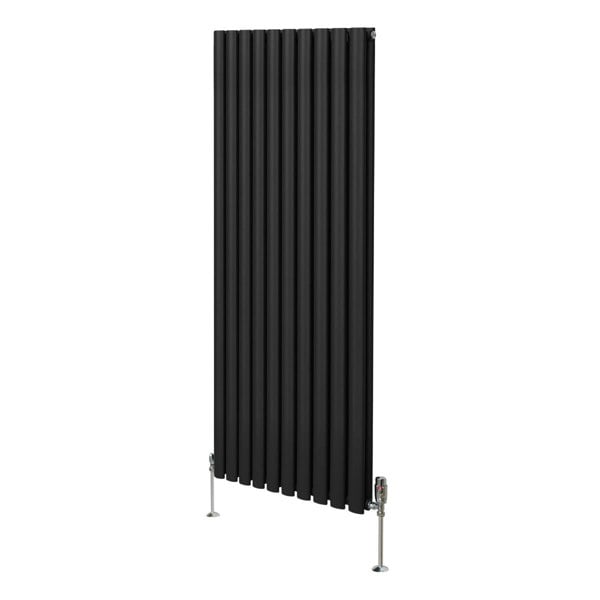 Sleek black oval column radiator measuring 1600mm x 600mm with vertical fins and stylish valves, perfect for modern interiors