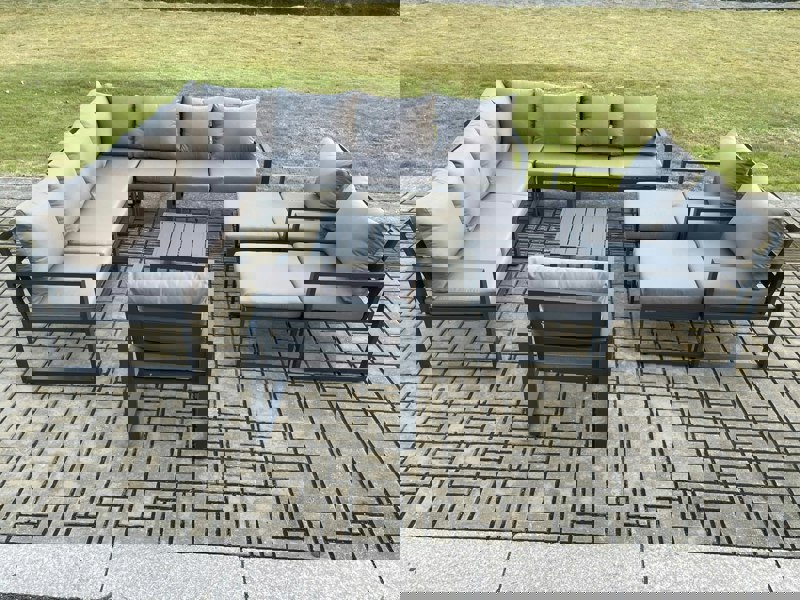 Fimous Aluminium Outdoor Garden Furniture Set Lounge Corner Sofa 3 Pcs Chair Square Coffee Table Sets with 2 Big Footstools Dark Grey