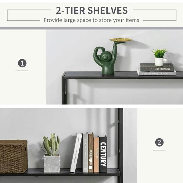 Grey console table showing top surface and open lower shelf on black metal frame