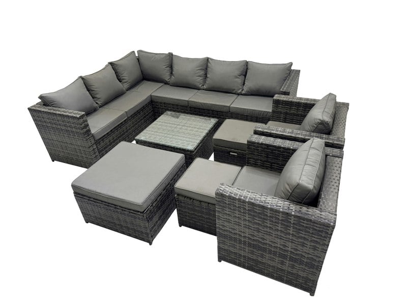 Fimous Rattan Garden Furniture Patio Furniture Sets with Corner Sofa 2 Chairs Square Coffee Table 3 Footstools Dark Grey Mixed