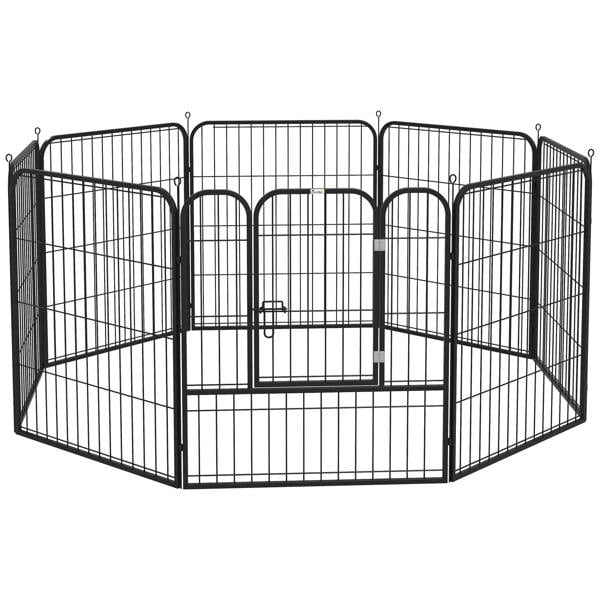 8-panel black metal puppy playpen with front gate and arched door frame