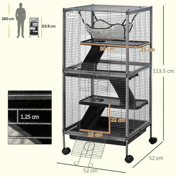 Silver small animal cage with 4 platforms and hammock, shown with size dimensions