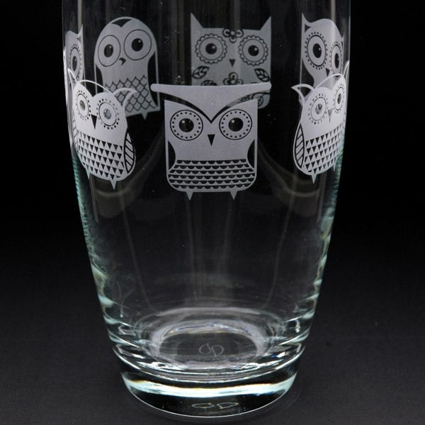 Glyptic Glass Art Cartoon Owl Glass Botanica Vase - Hand Etched/Engraved Gift