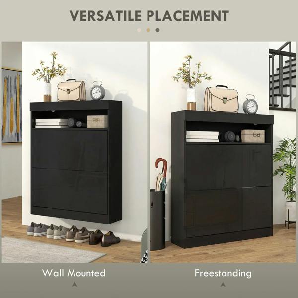 High-gloss black shoe storage cabinet shown wall-mounted or freestanding with open top shelf