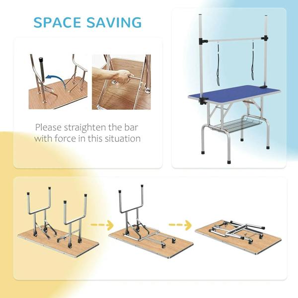 Space-saving pet grooming table setup with blue rubber top and hanging loops