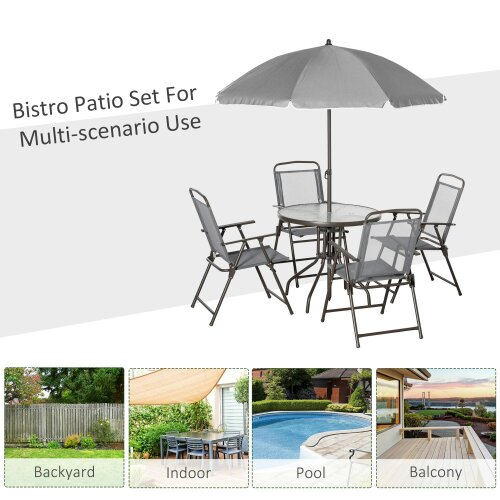 Wyld Haus Misotte Metal and Mesh Light Grey 4 Seater Garden Dining Set With Parasol Folding Chairs And Glass Table