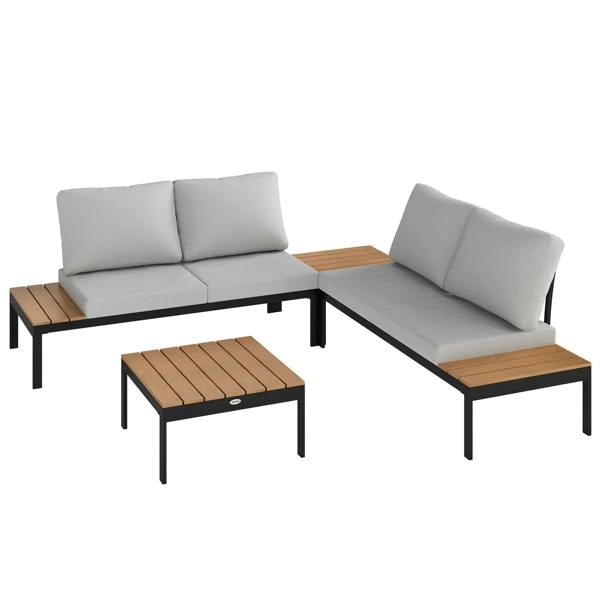 Teak garden corner sofa set with two loveseats, two coffee tables, gray cushions