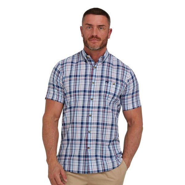 Raging Bull Mens Large Check Linen-Look Short-Sleeved Shirt - Navy