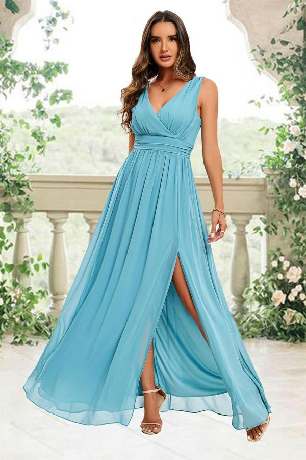 FS Collection V Neck Bridesmaid Maxi Dress In Light Blue