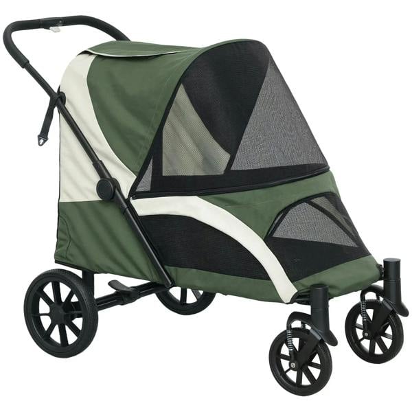 Dark green foldable pet stroller with mesh sides, canopy and four large wheels