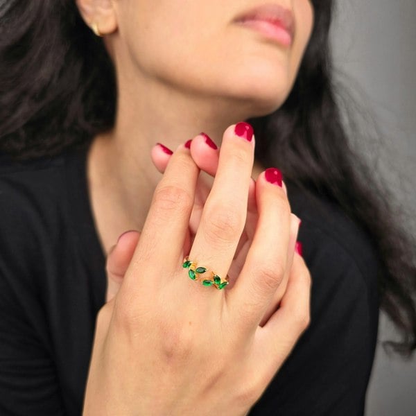 Open Leaf Emerald Gemstone May Birthstone Gold Vermeil Ring