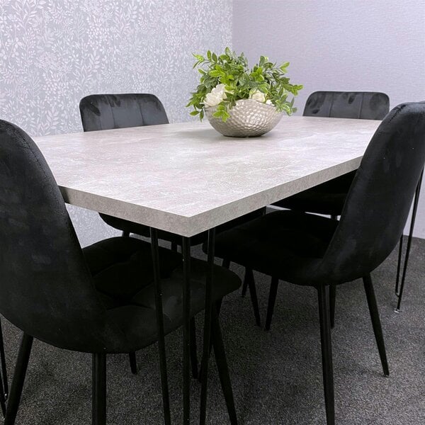 Kosy Koala Grey Dining Table with Hairpin Legs & 4 Black Velvet Chairs Set for Kitchen & Dining Room