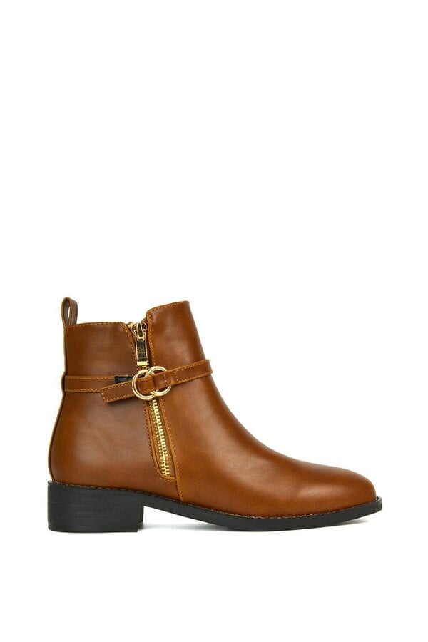 XY LONDON Flat Low Heel Ankle Booties With Decorative Buckle and Zip - Tan