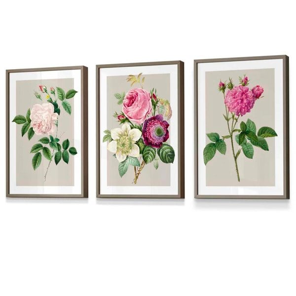 Artze Wall Art Vintage Pink and White Roses Set of 3 Framed Prints