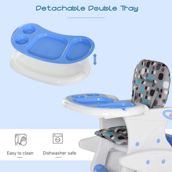 Blue detachable double food tray for baby high chair with easy-clean design