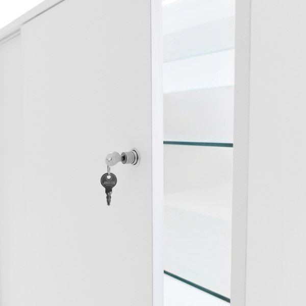 White LED retail shop counter K900 featuring a sleek design, glass shelves, and a key lock for secure storage
