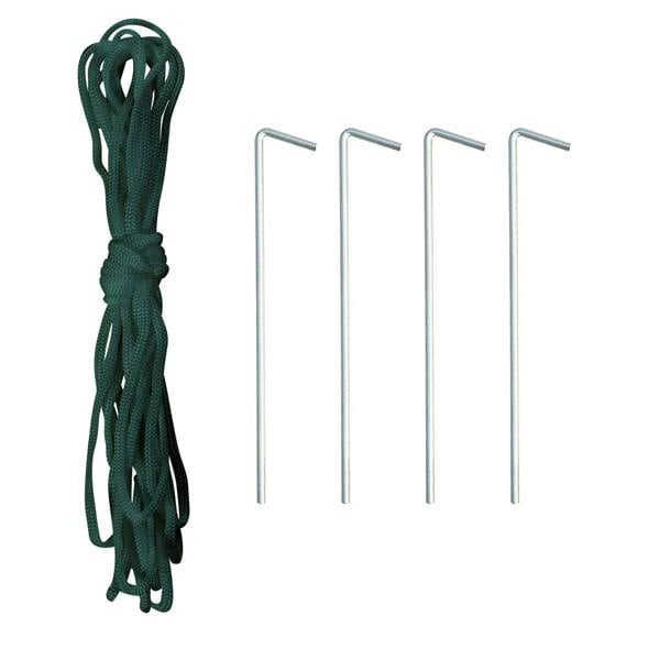 Green tie-down ropes with galvanized metal ground stakes